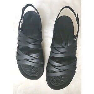 Crocs Black Literide Brooklyn Strappy Wedge Platform Sandals Sz 7 EUC